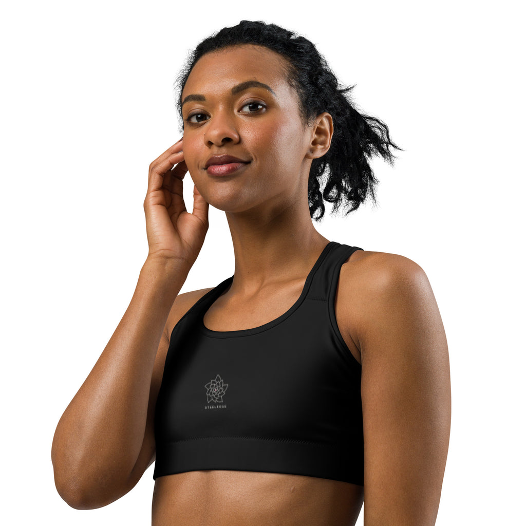 STEELROSE Rose Crest Sports Bra in black, close-up front view