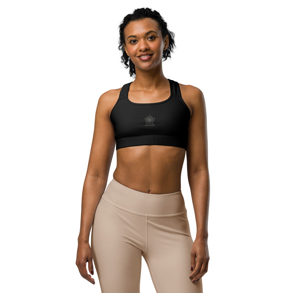 STEELROSE Rose Crest Sports Bra in black, front view with the small rose crest at the centre of the chest