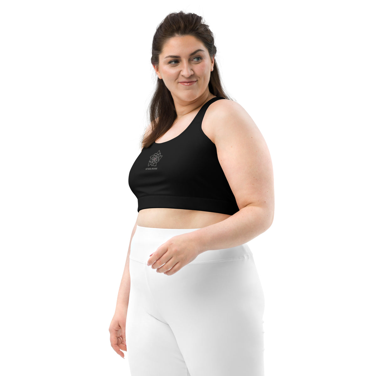 STEELROSE Rose Crest Sports Bra in black, relaxed front view