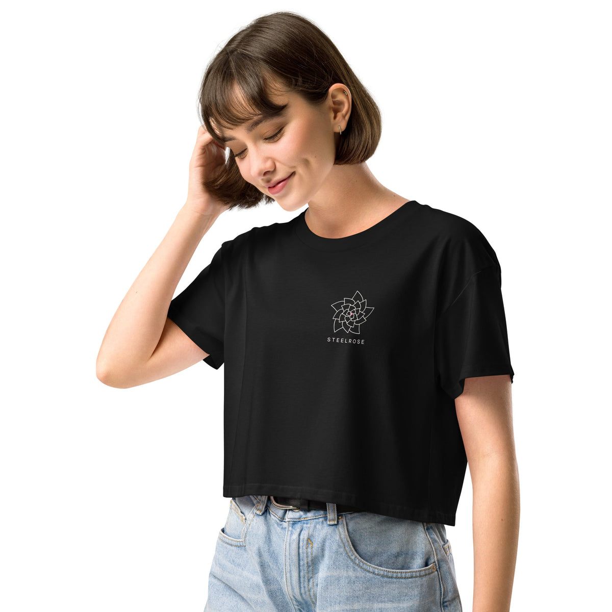 STEELROSE Signature Crop Tee in black, styled side view