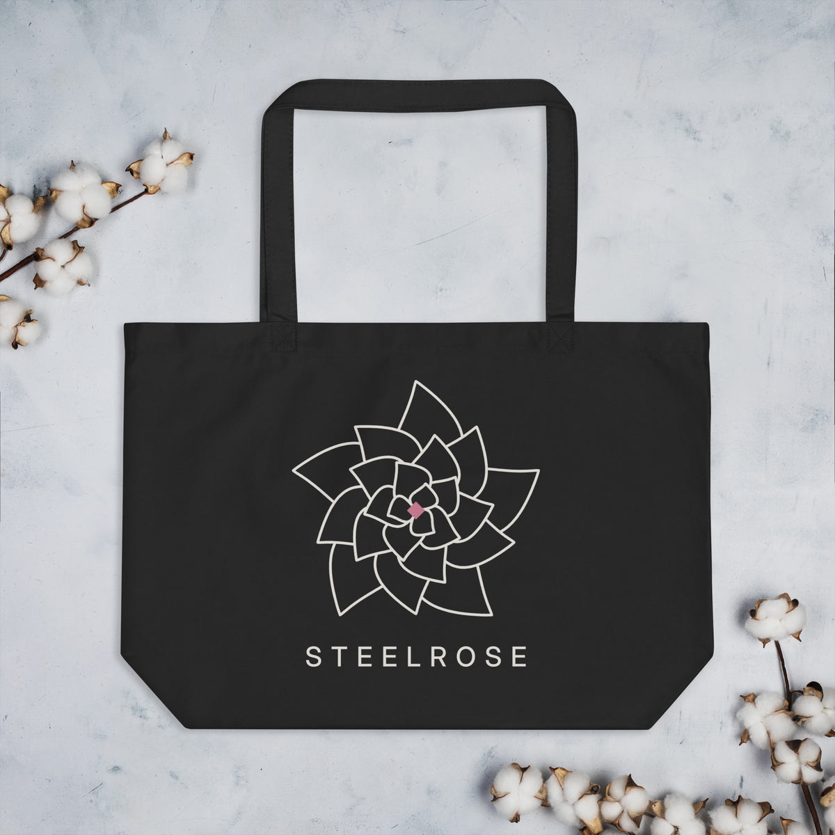 STEELROSE Iron Rose Tote in black with rose print on soft grey linen