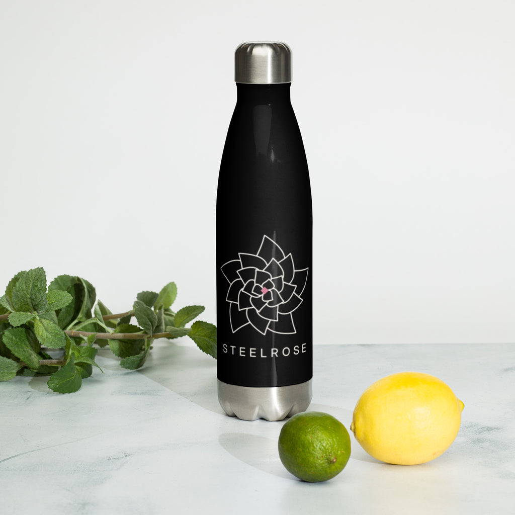 STEELROSE Iron Rose Steel Bottle in black on marble with fresh lemons and greenery