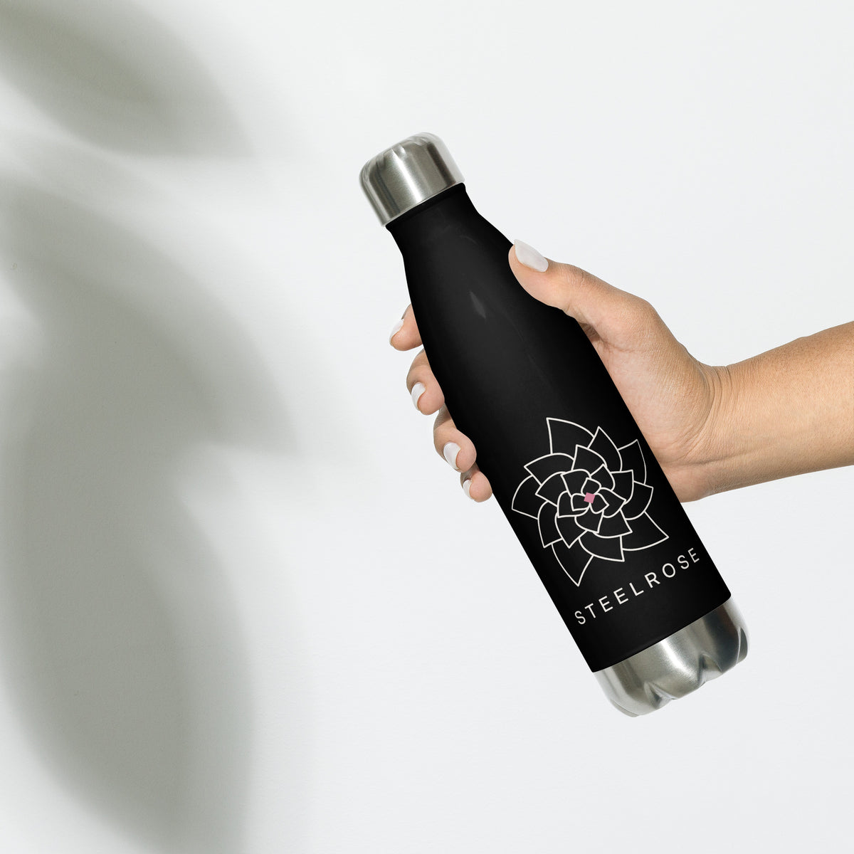 STEELROSE Iron Rose stainless steel water bottle in black, front view
