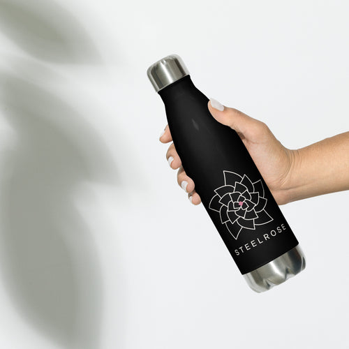 STEELROSE Iron Rose stainless steel water bottle in black, front view
