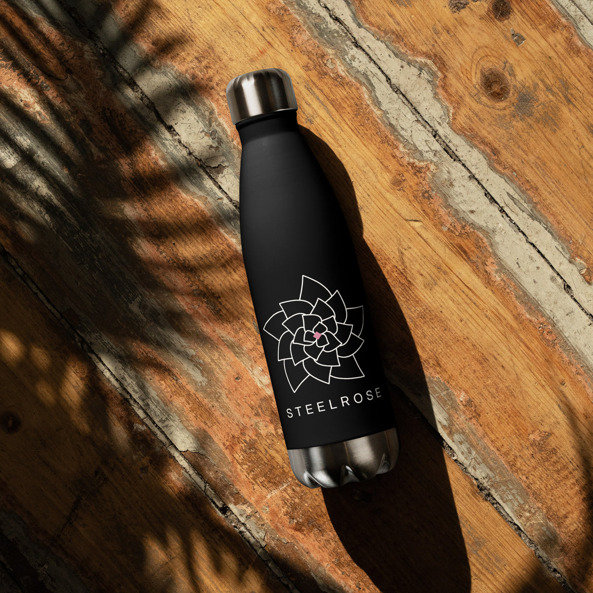 STEELROSE Iron Rose steel water bottle in black, front view