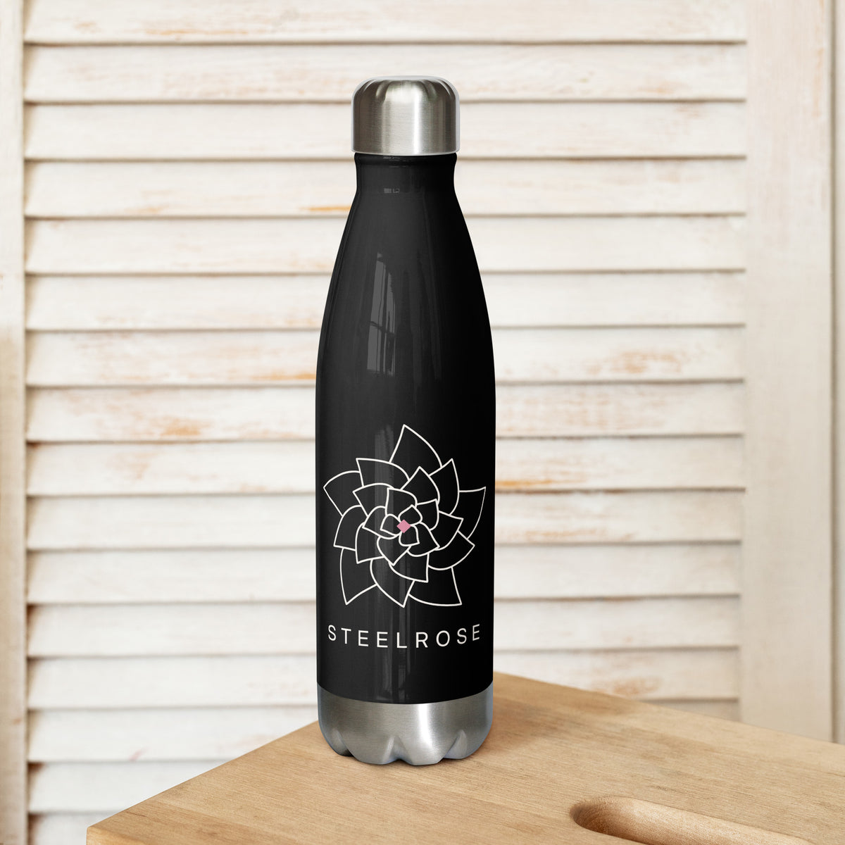 STEELROSE Iron Rose stainless steel water bottle in black, front view