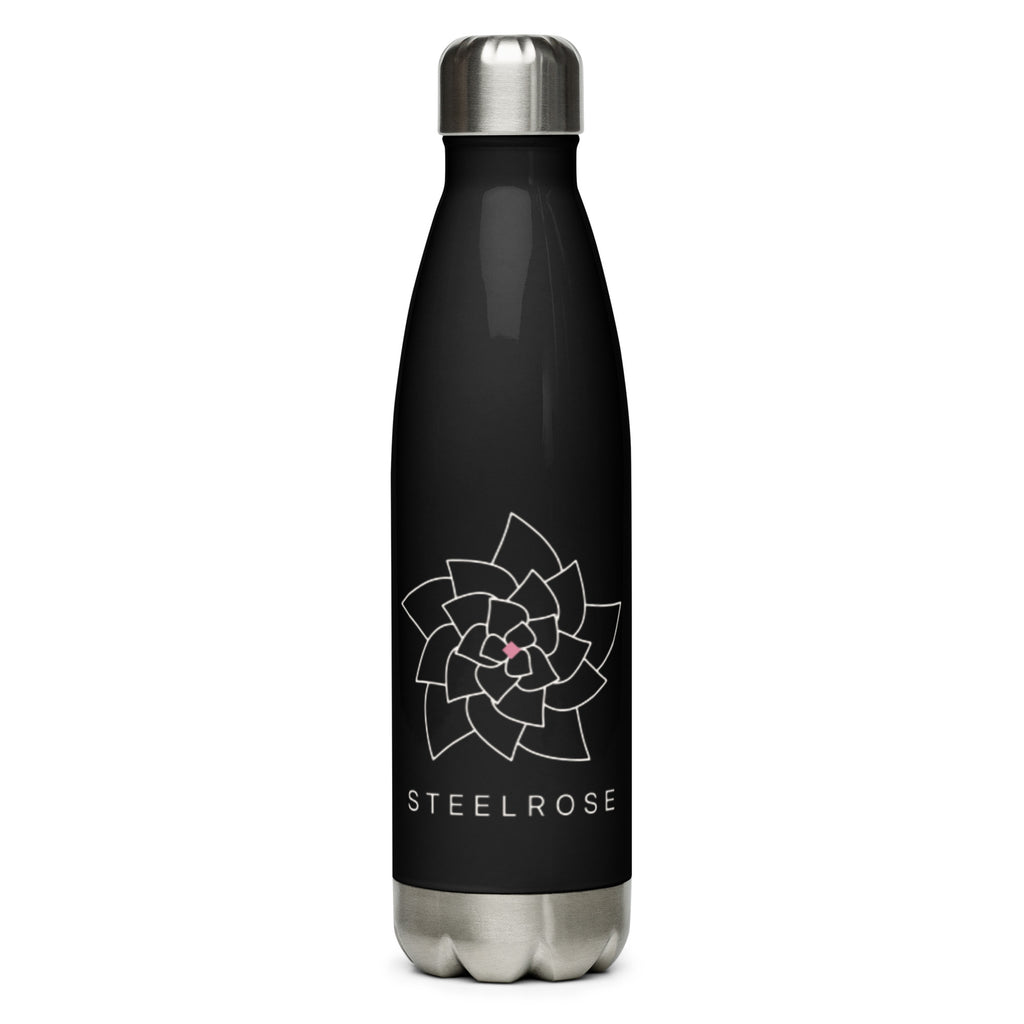 STEELROSE Iron Rose Steel Bottle in black, front view with rose logo