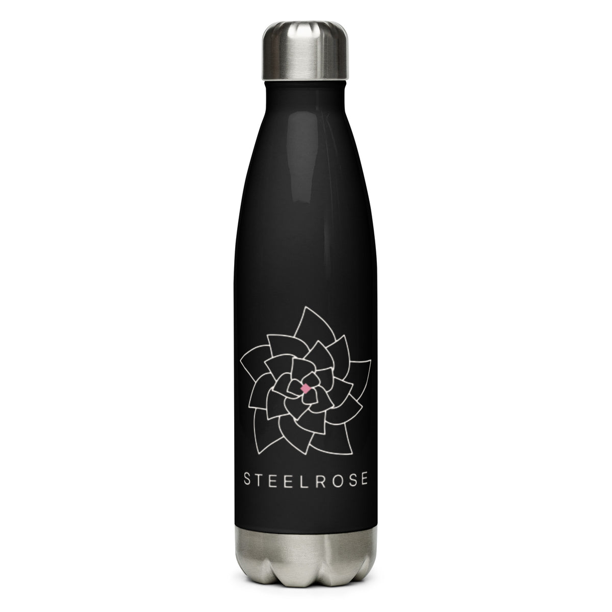 STEELROSE Iron Rose Steel Bottle in black, front view with rose logo