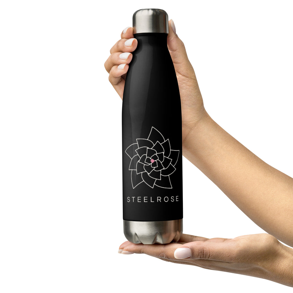 Hand holding the STEELROSE Iron Rose Steel Bottle in black