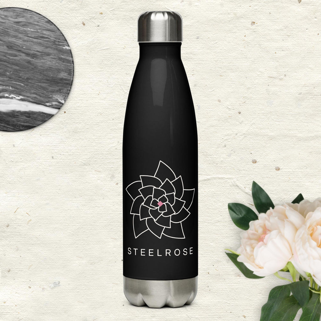 STEELROSE Iron Rose Steel Bottle in black on cream linen with white peonies and marble