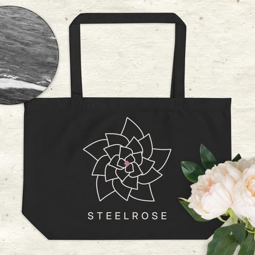 STEELROSE Iron Rose Tote in black on cream linen with white peonies and marble