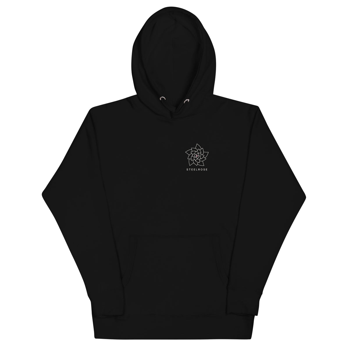 STEELROSE Signature Hoodie in black, front view with rose logo on the left chest