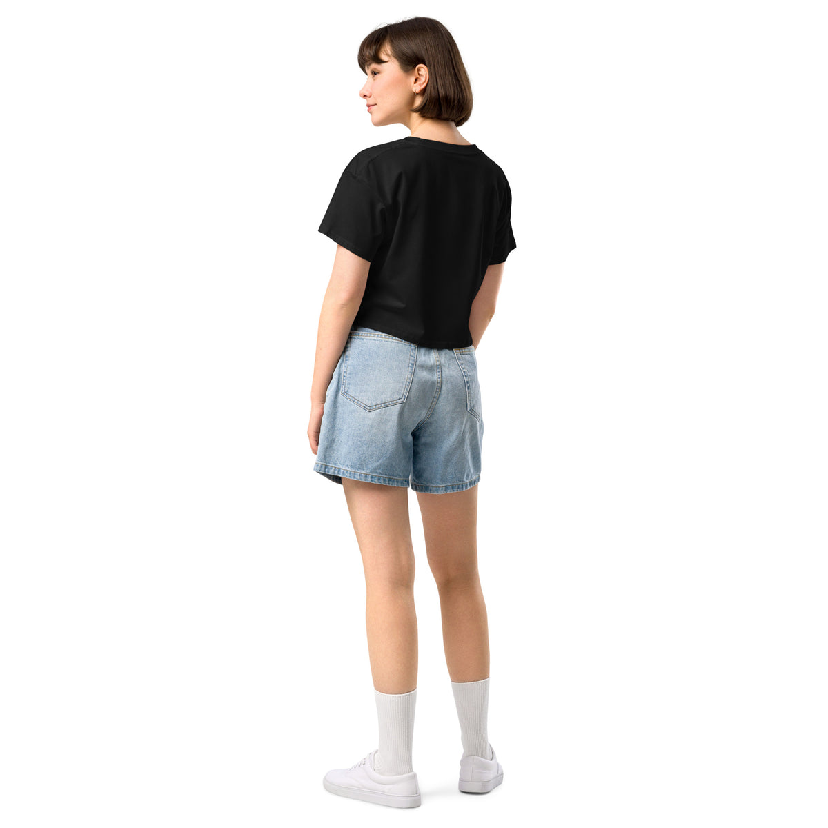 STEELROSE Signature Crop Tee in black, styled with denim shorts