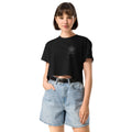 STEELROSE Signature Crop Tee in black, front view with small rose logo on the left chest