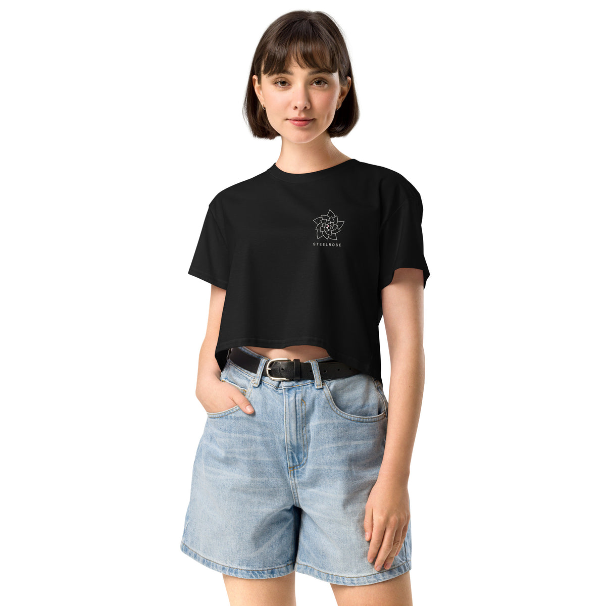 STEELROSE Signature Crop Tee in black, front view with small rose logo on the left chest