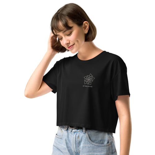 STEELROSE Signature Crop Tee in black, side view of the relaxed cropped fit